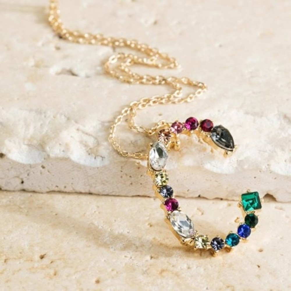 Multicolored Rhinestone Initial Necklace (C)
